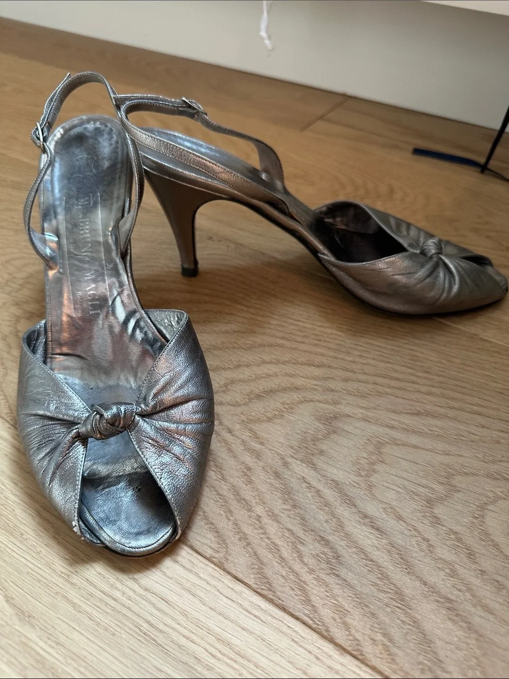 Bruno Magli Metallic Silver Knotted Peep-Toe Slingback Heels